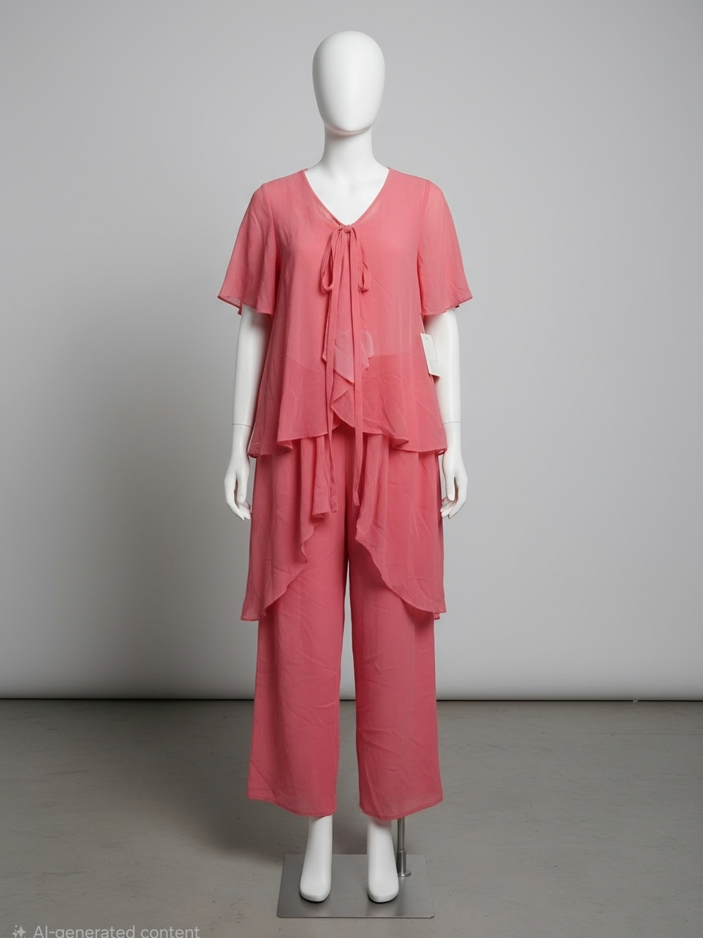 Women's Coral Pink Layered Tie-Front Wide Leg 3 Piece Size 14